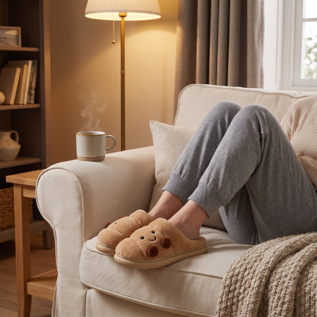 Woman relaxing on a sofa wearing cute croissant slippers