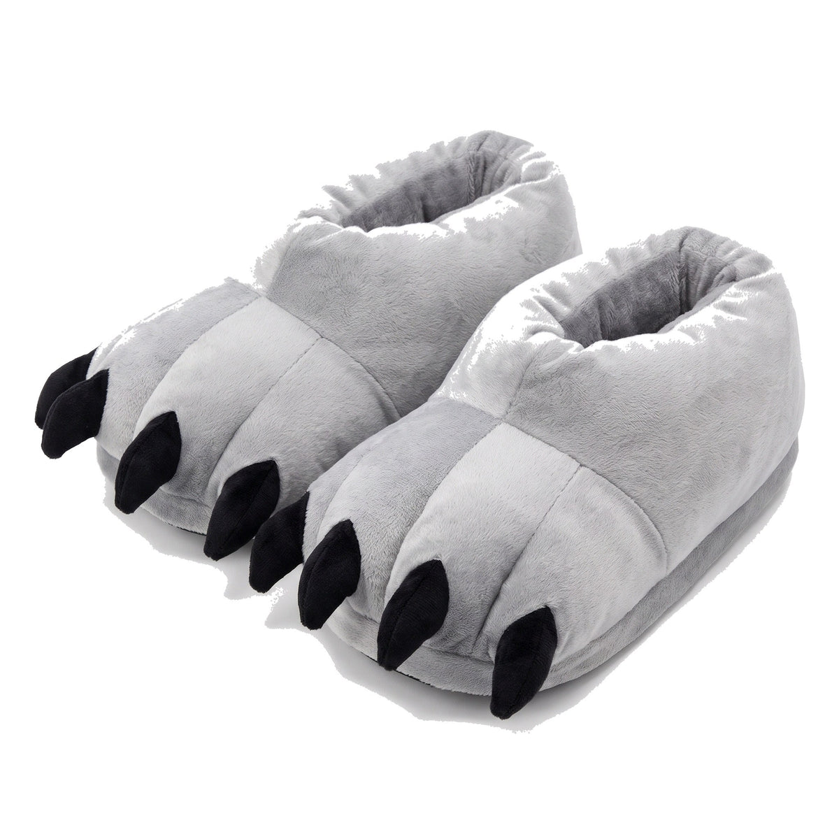 Grey dinosaur claw slippers with black fabric claws