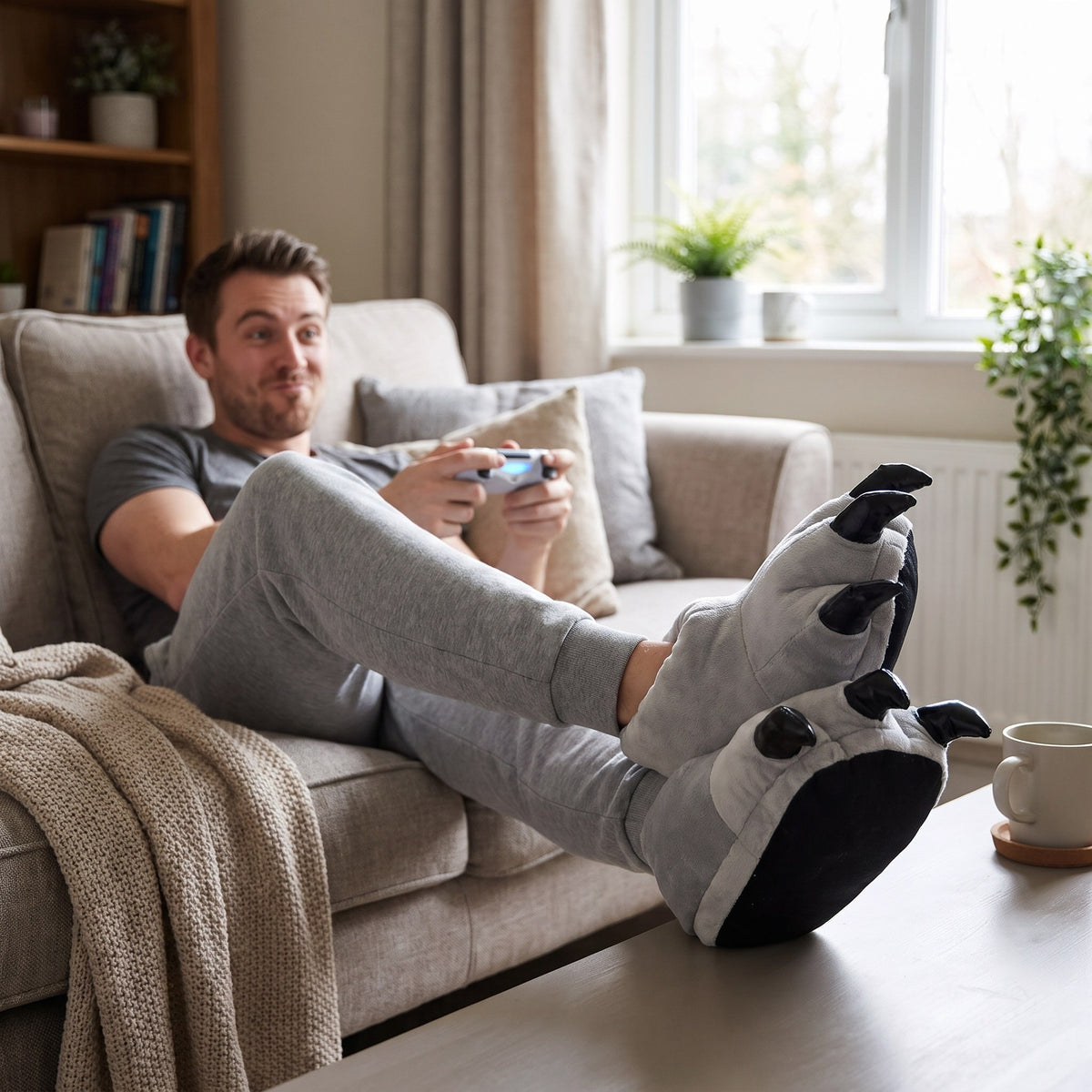 Man gaming on a sofa wearing grey dinosaur claw slippers