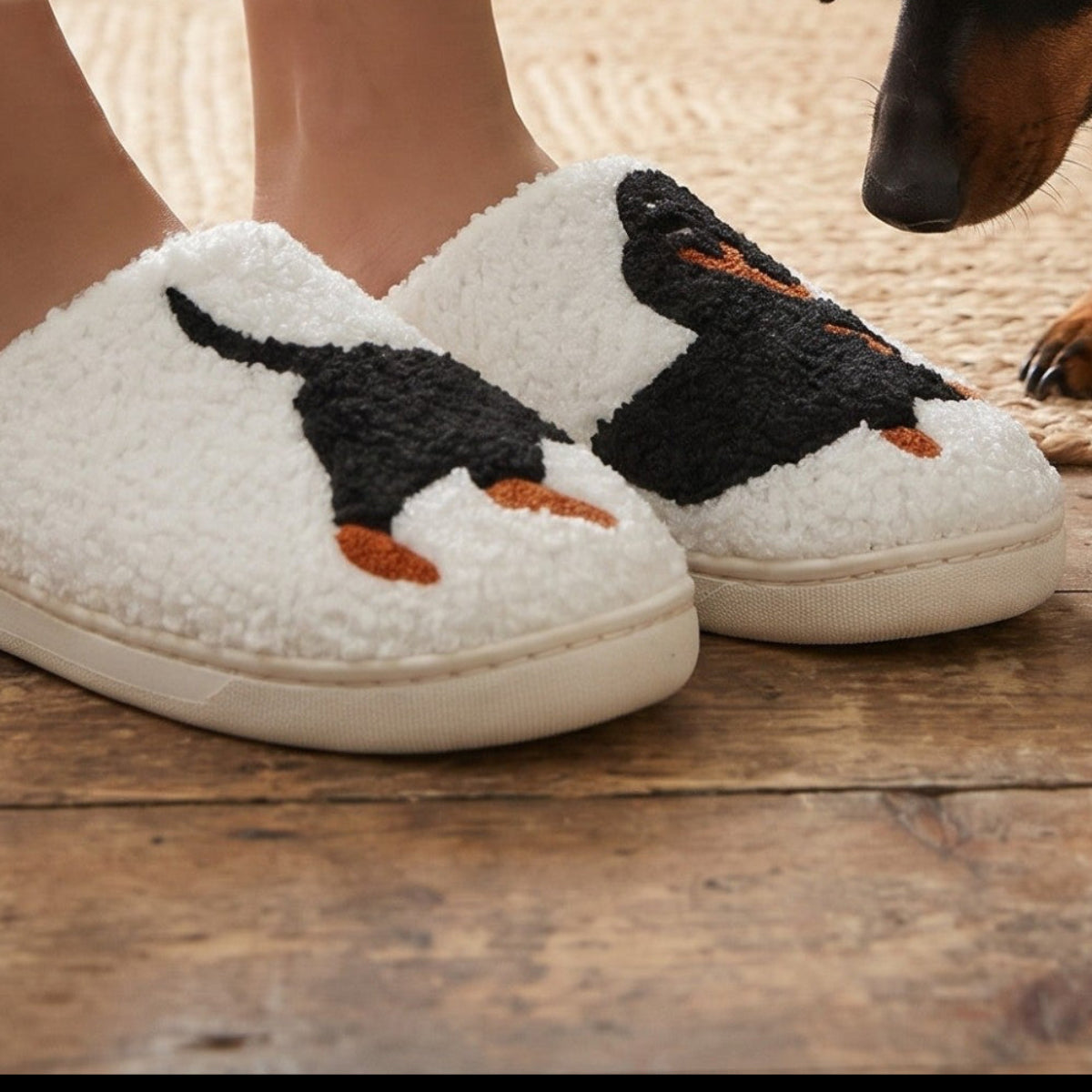 Dachshund sniffing sausage dog slippers on a farmhouse kitchen floor