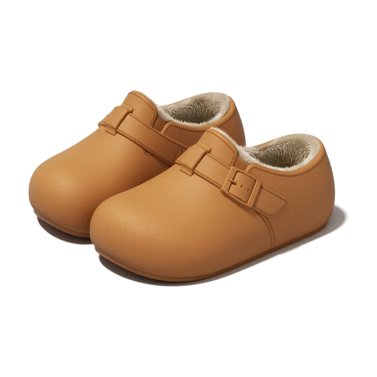 Caramel leather look EVA clog slippers with buckle strap and faux fur lining