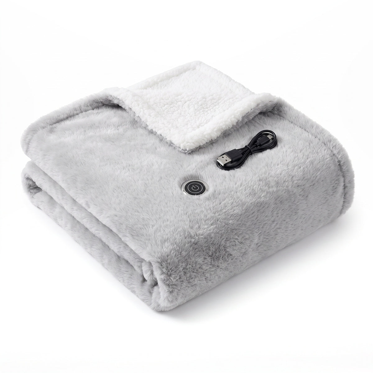 Folded light grey faux fur heated wrap with sherpa reverse and USB cable