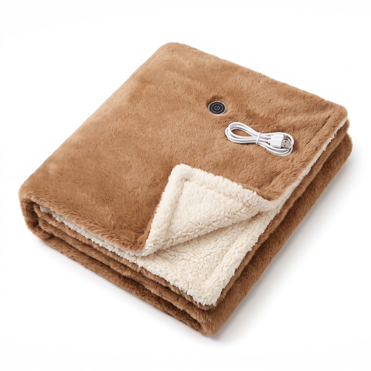 Mocha faux fur USB heated throw folded to show cream sherpa lining