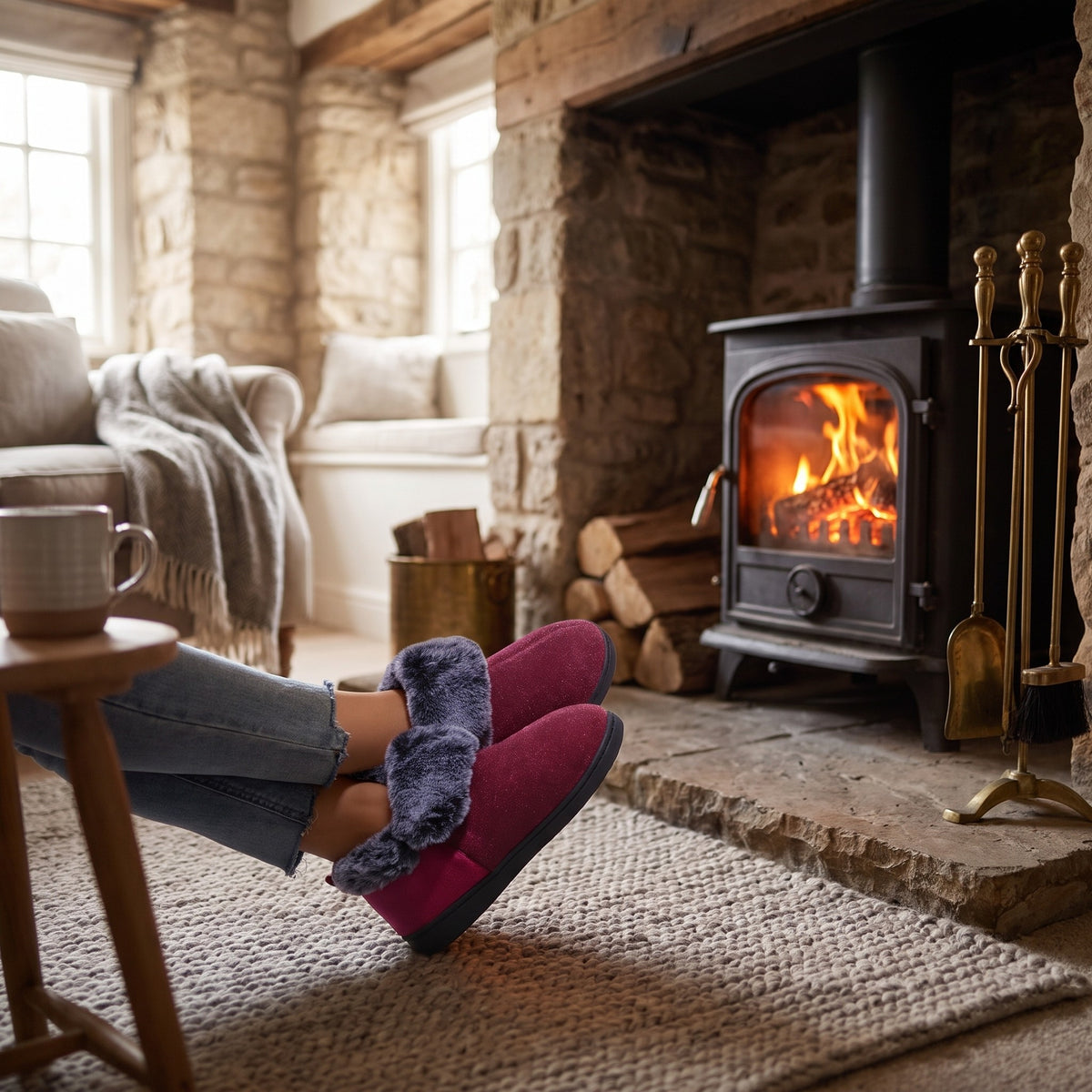 Feet in burgundy felt bootie slippers by a log burner