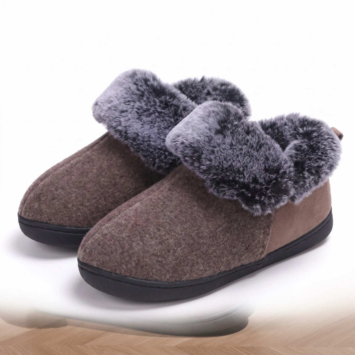 Mocha brown felt bootie slippers with faux fur collar