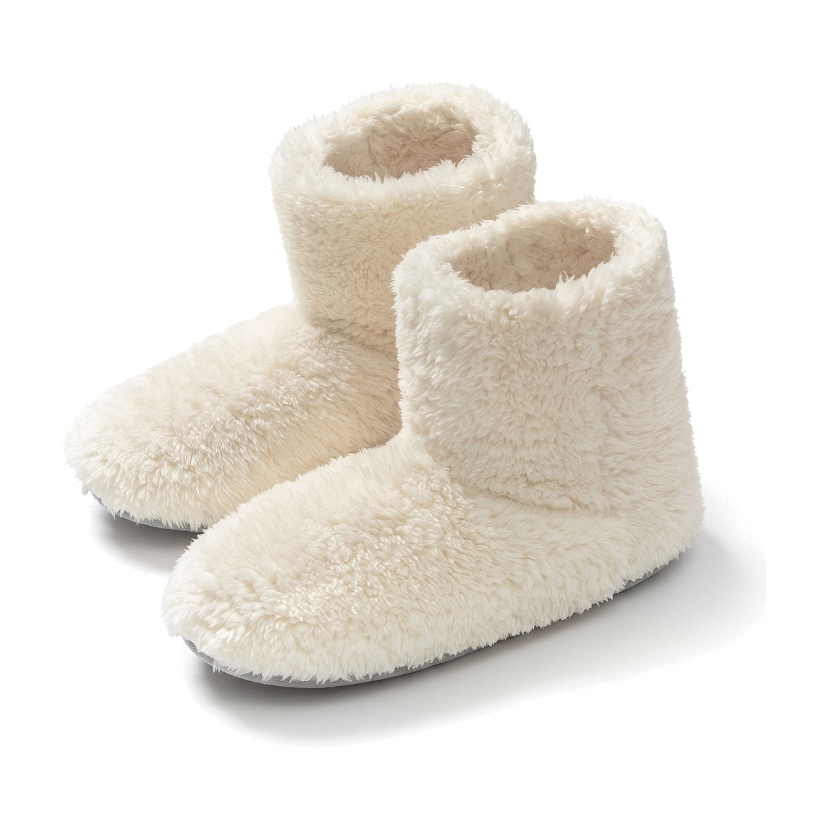 Cream fluffy fleece bootie slippers with folded collar and non slip sole