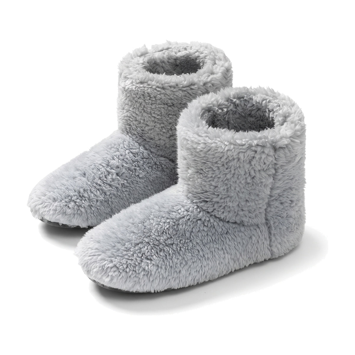 Light grey fluffy fleece bootie slippers with folded collar and non slip sole