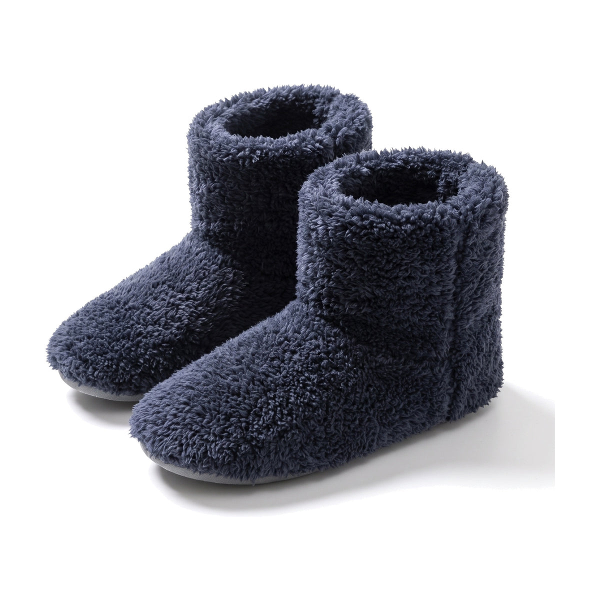 Navy fluffy fleece bootie slippers with folded collar and non slip sole