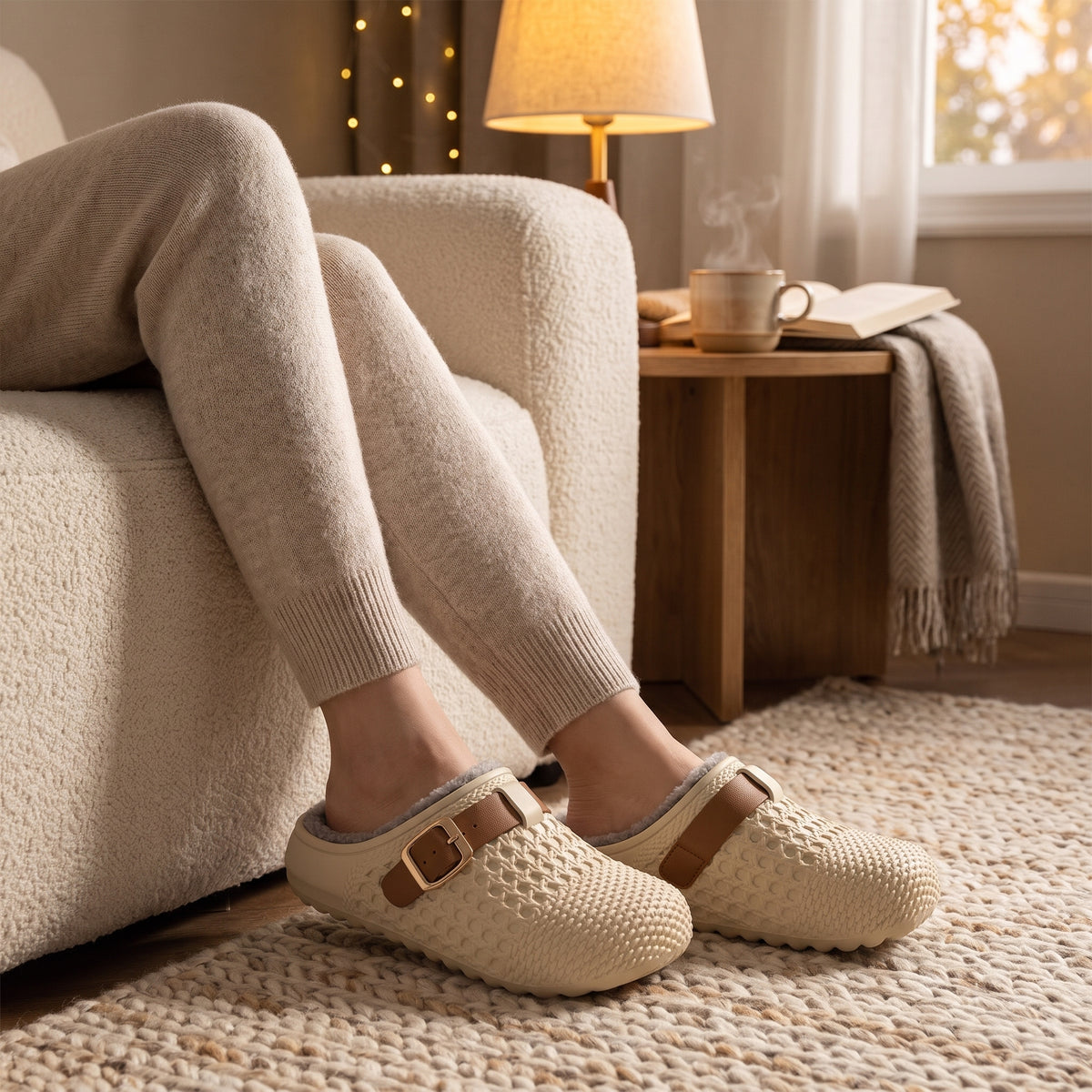 Khaki fleece lined clog slippers worn on a knitted rug in a cosy living room