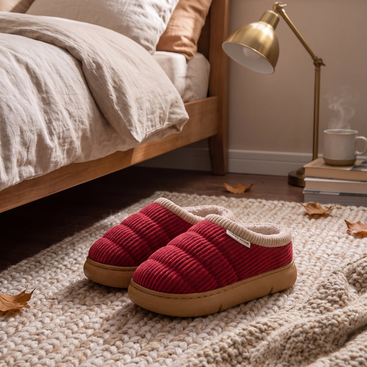 Burgundy mule slippers on a knitted rug by the bed