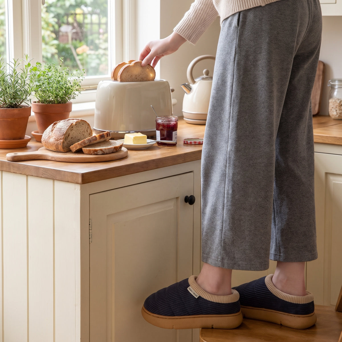 Navy mule slippers worn in a country kitchen