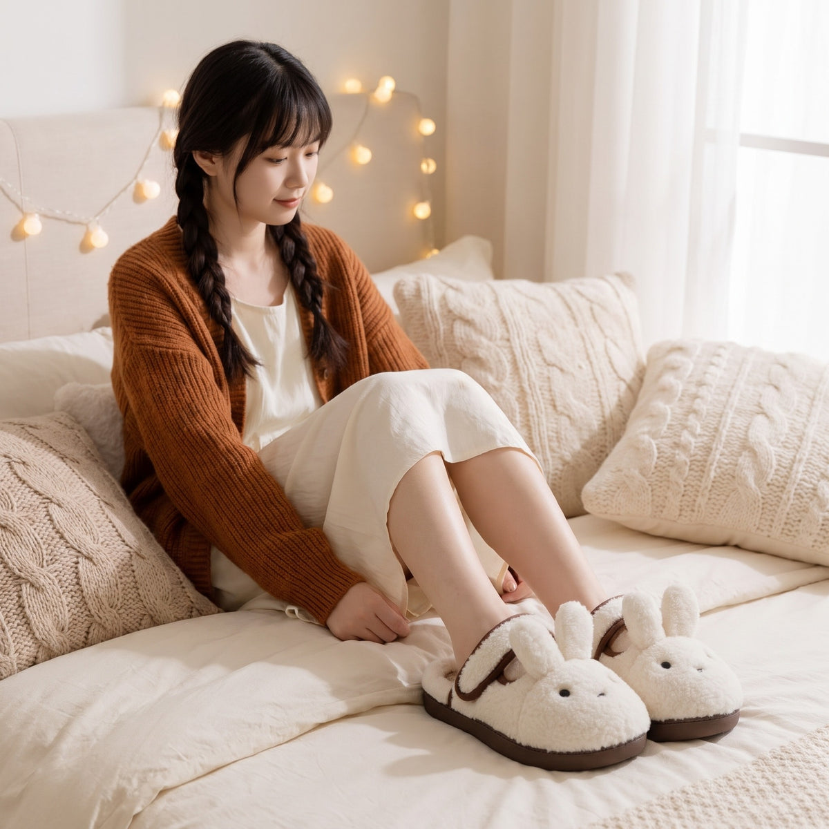 Young woman on a cosy bed with fairy lights wearing cream bunny slippers
