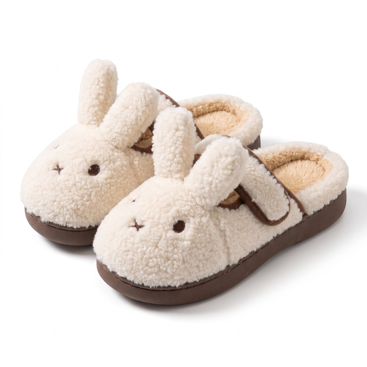 Beige fluffy bunny slippers with ears and closed back
