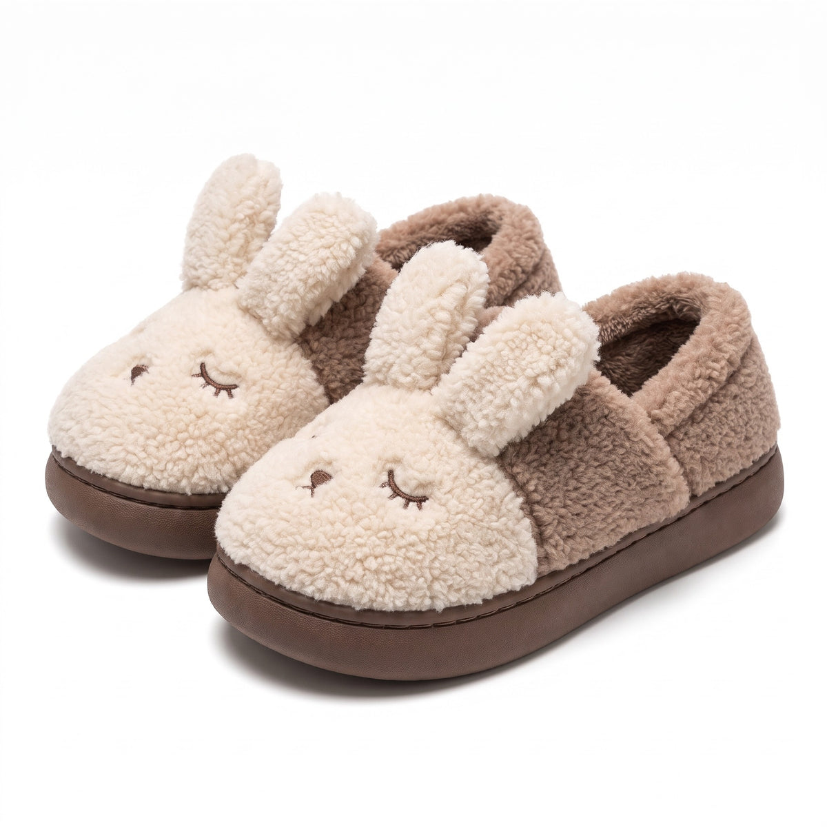 Brown and cream fluffy bunny slippers with ears and closed back