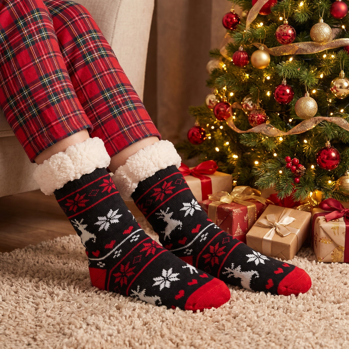 Black Nordic sherpa lined socks by a Christmas tree