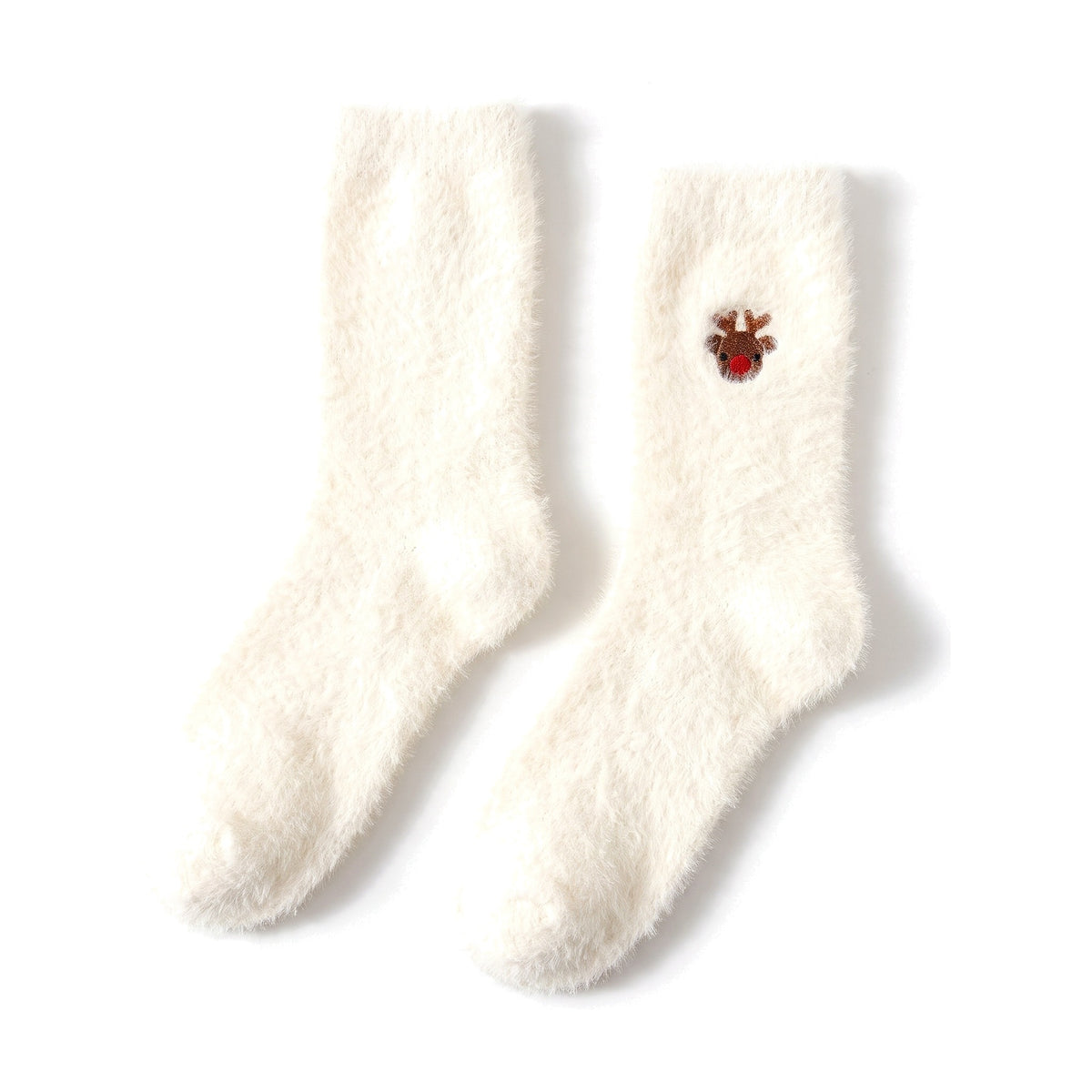 Cream fluffy Christmas socks with embroidered reindeer