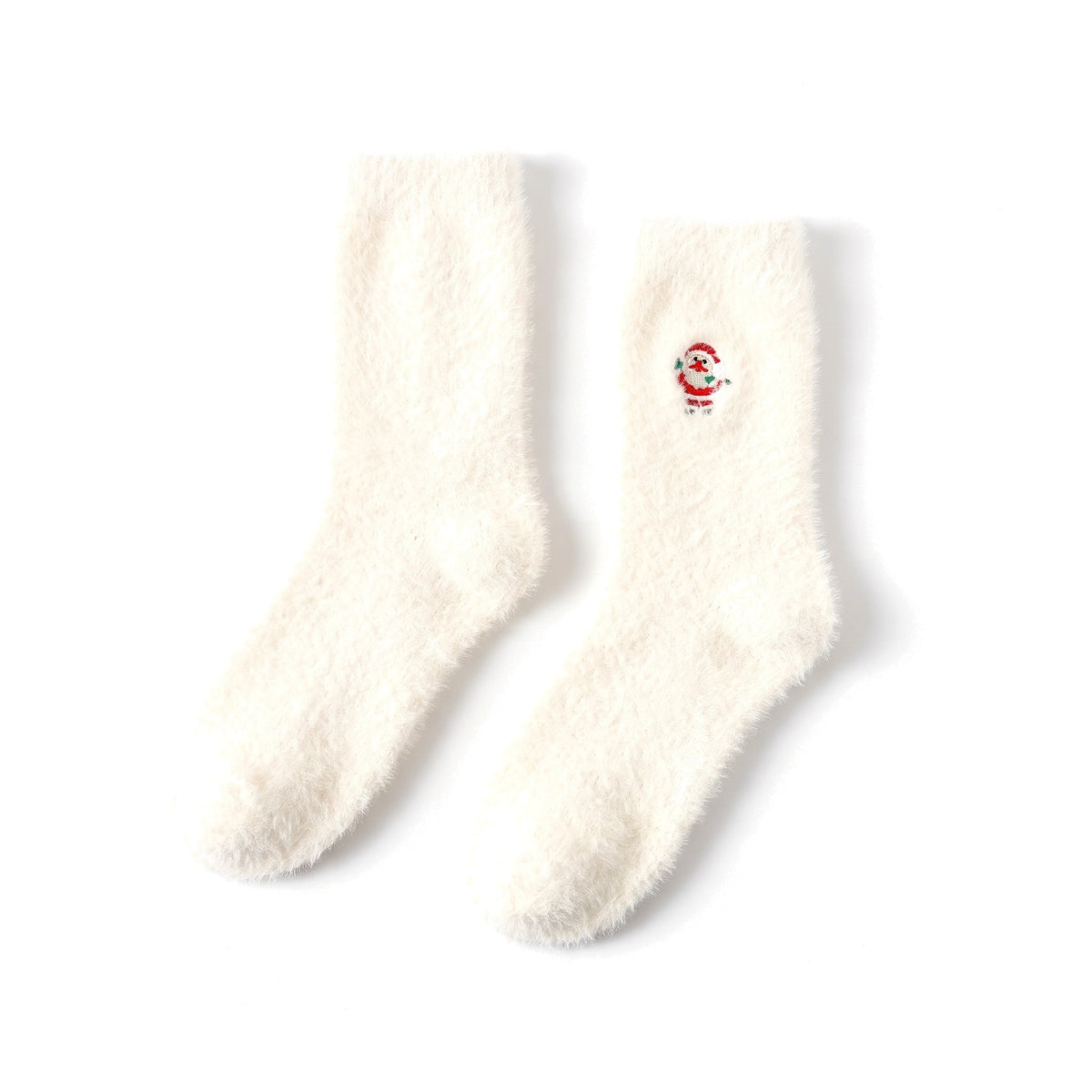 Cream fluffy Christmas socks with embroidered Santa face