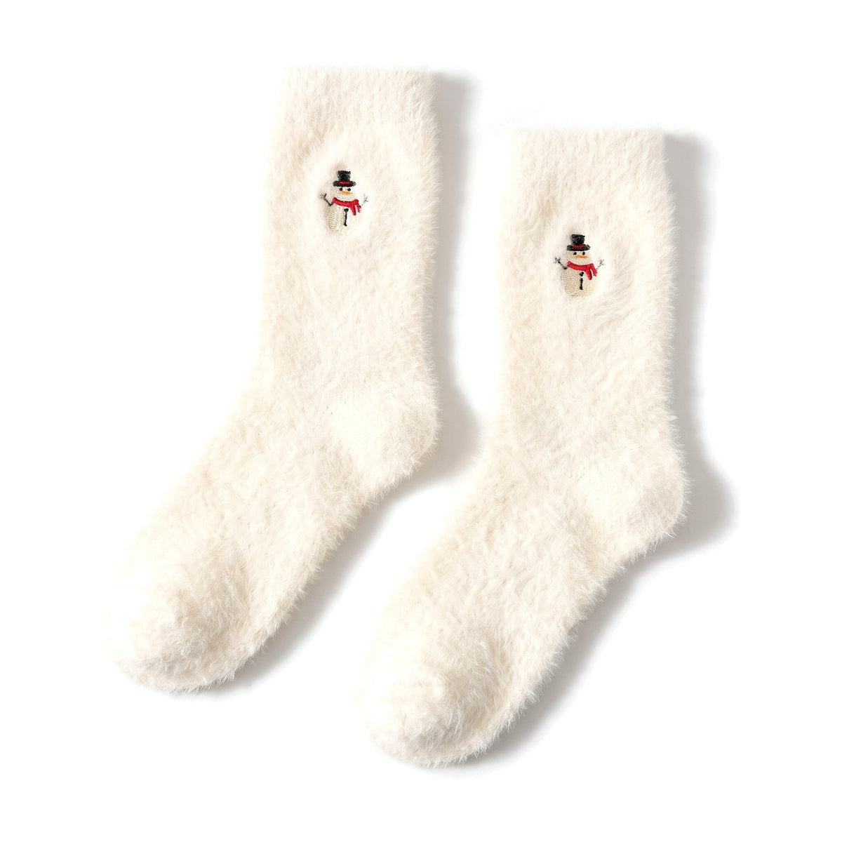 Cream fluffy Christmas socks with embroidered snowman