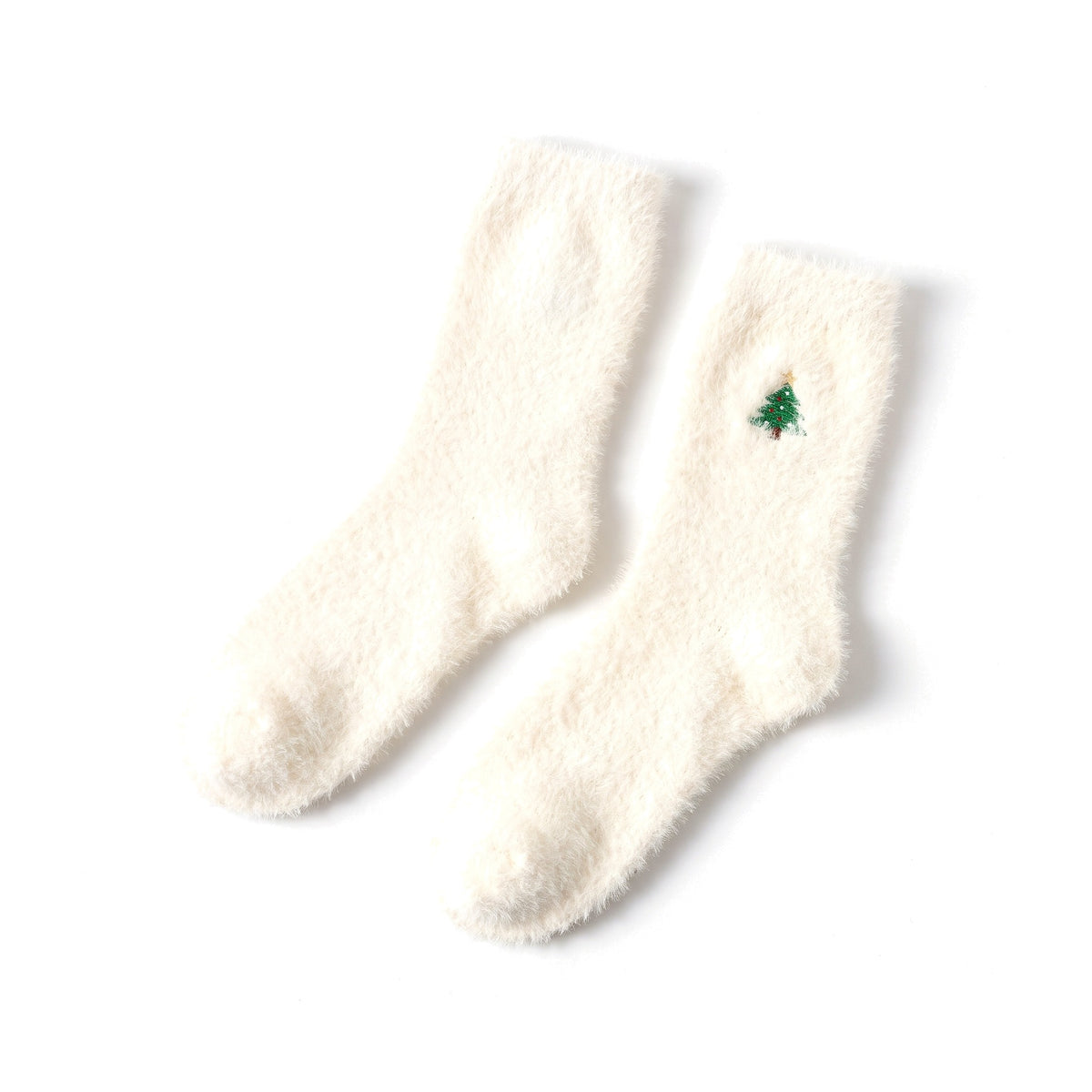 Cream fluffy Christmas socks with embroidered green Christmas tree
