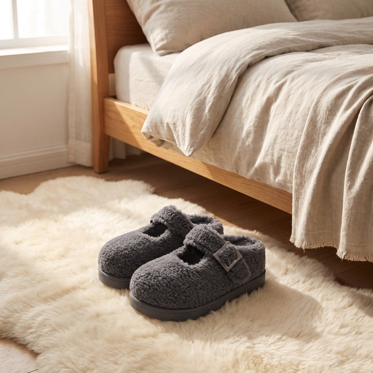 Grey teddy fleece Mary Jane slippers on a fluffy rug beside the bed