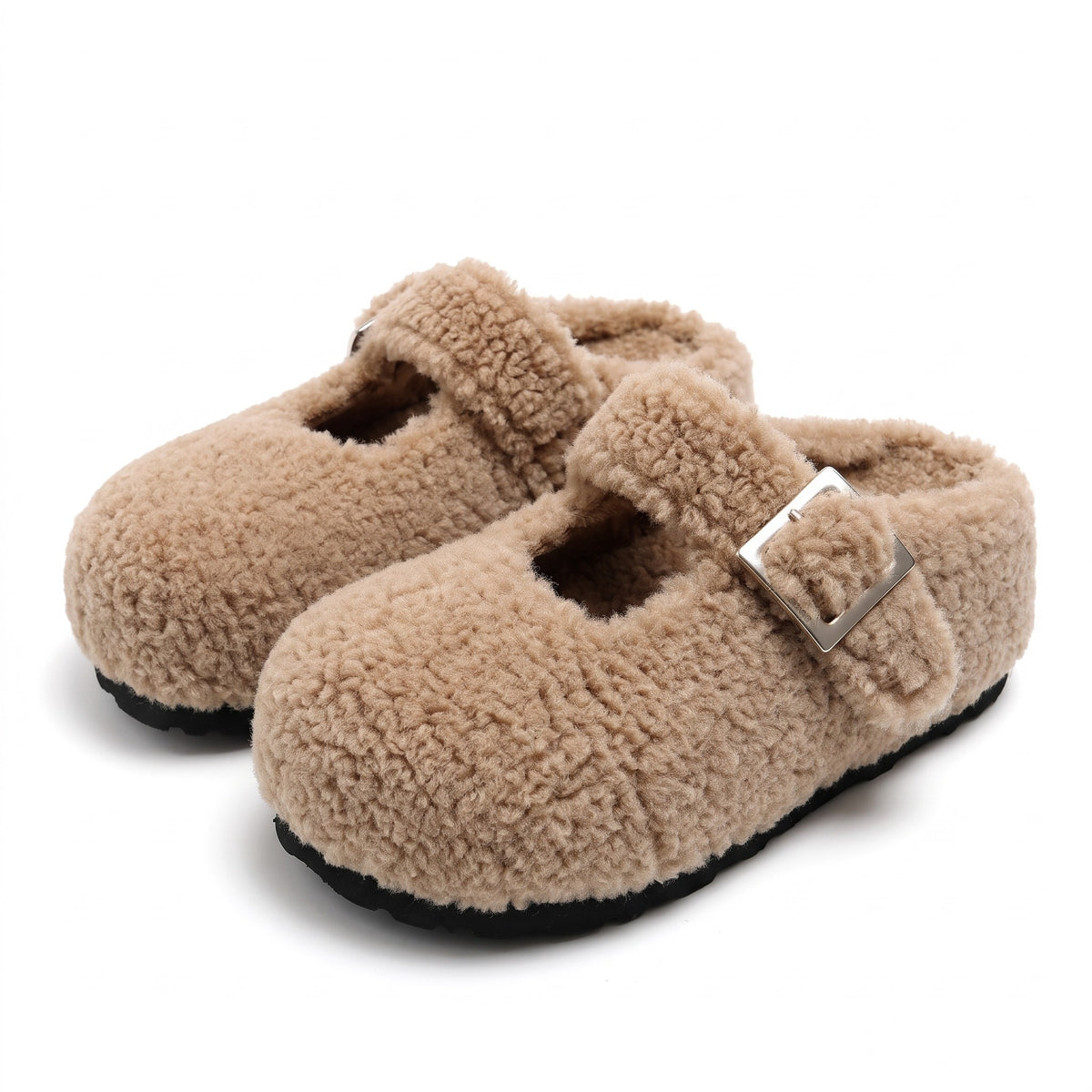 Camel teddy fleece Mary Jane slippers with silver buckle strap