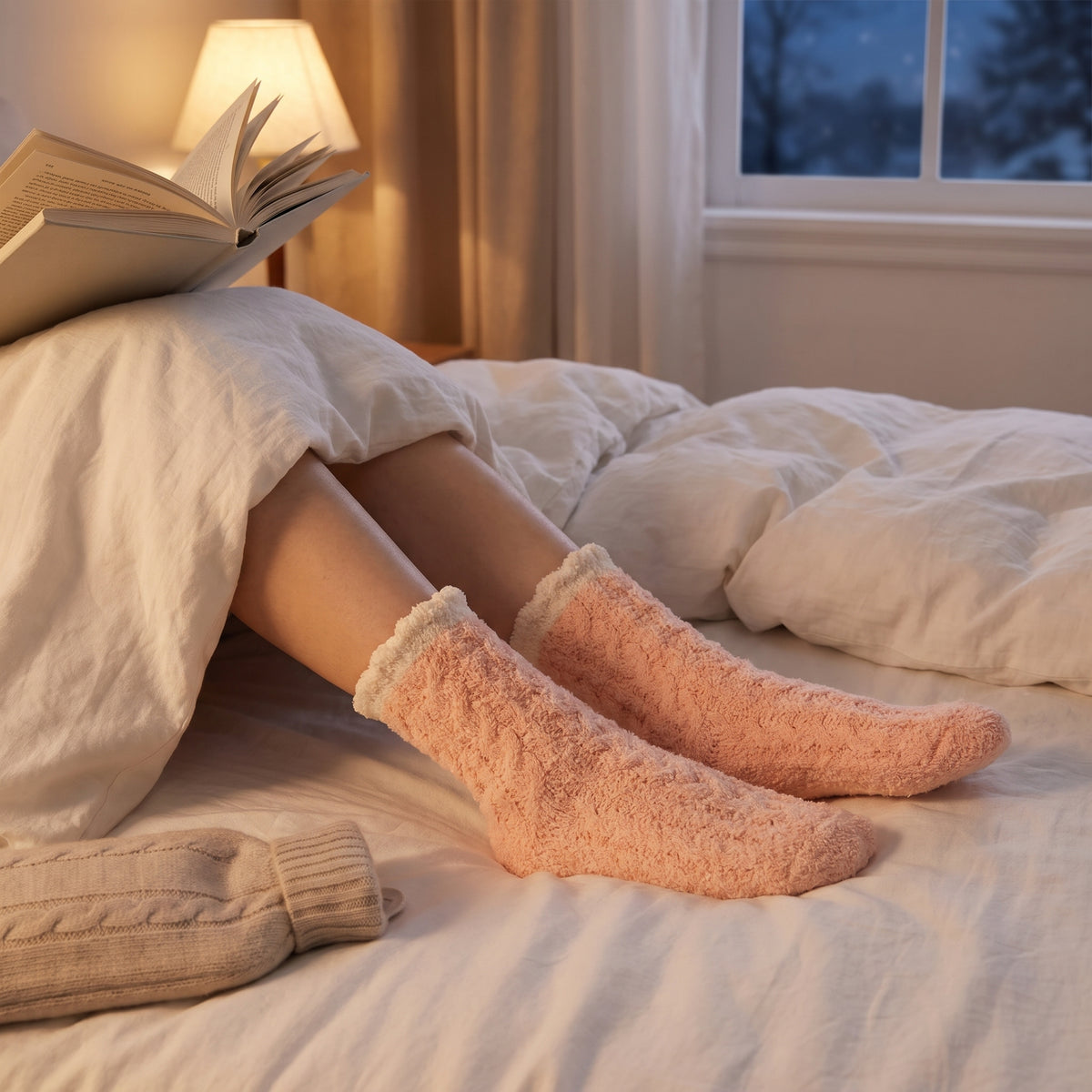 Woman reading in bed wearing peach fluffy bed socks