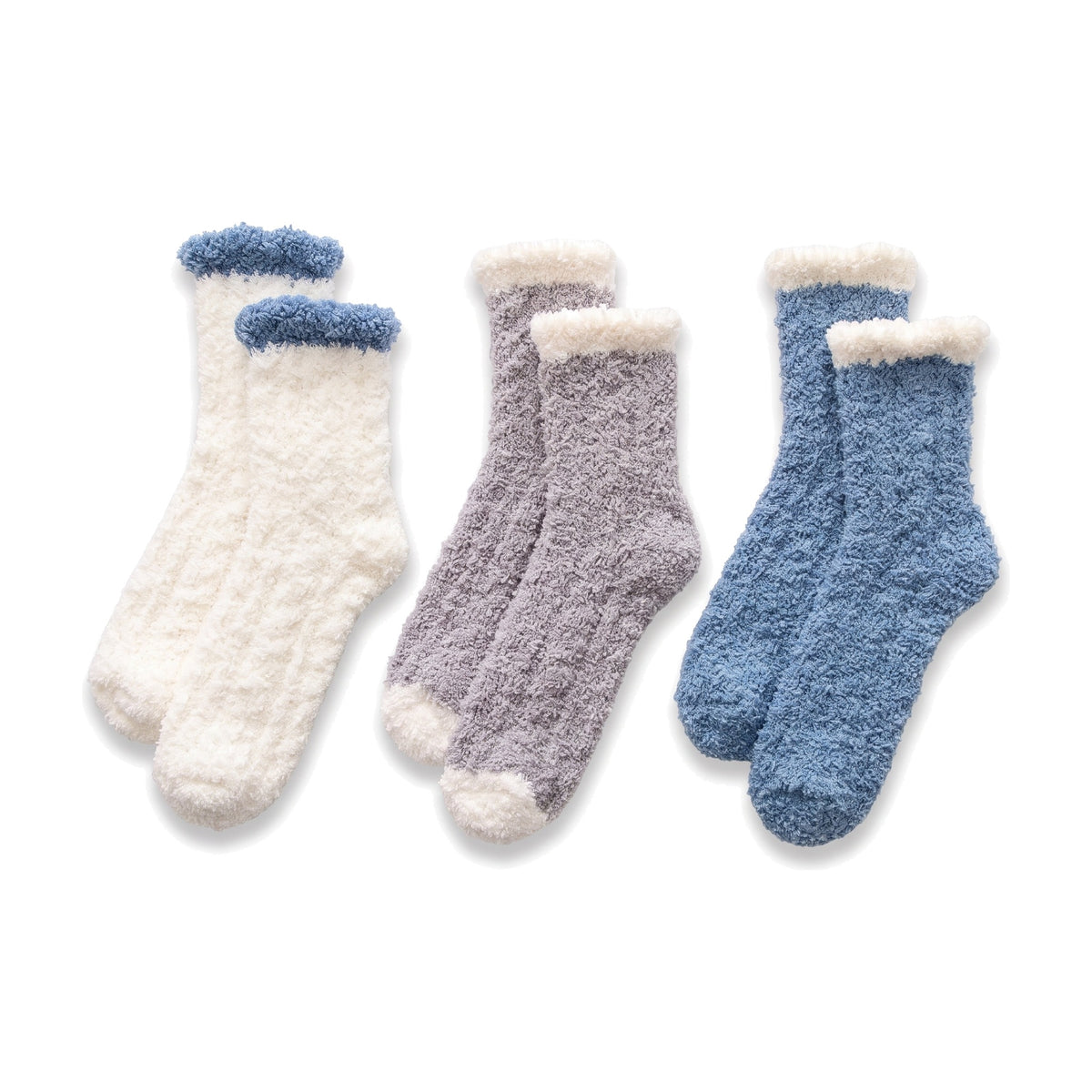 Cream, grey and denim fluffy chenille bed socks