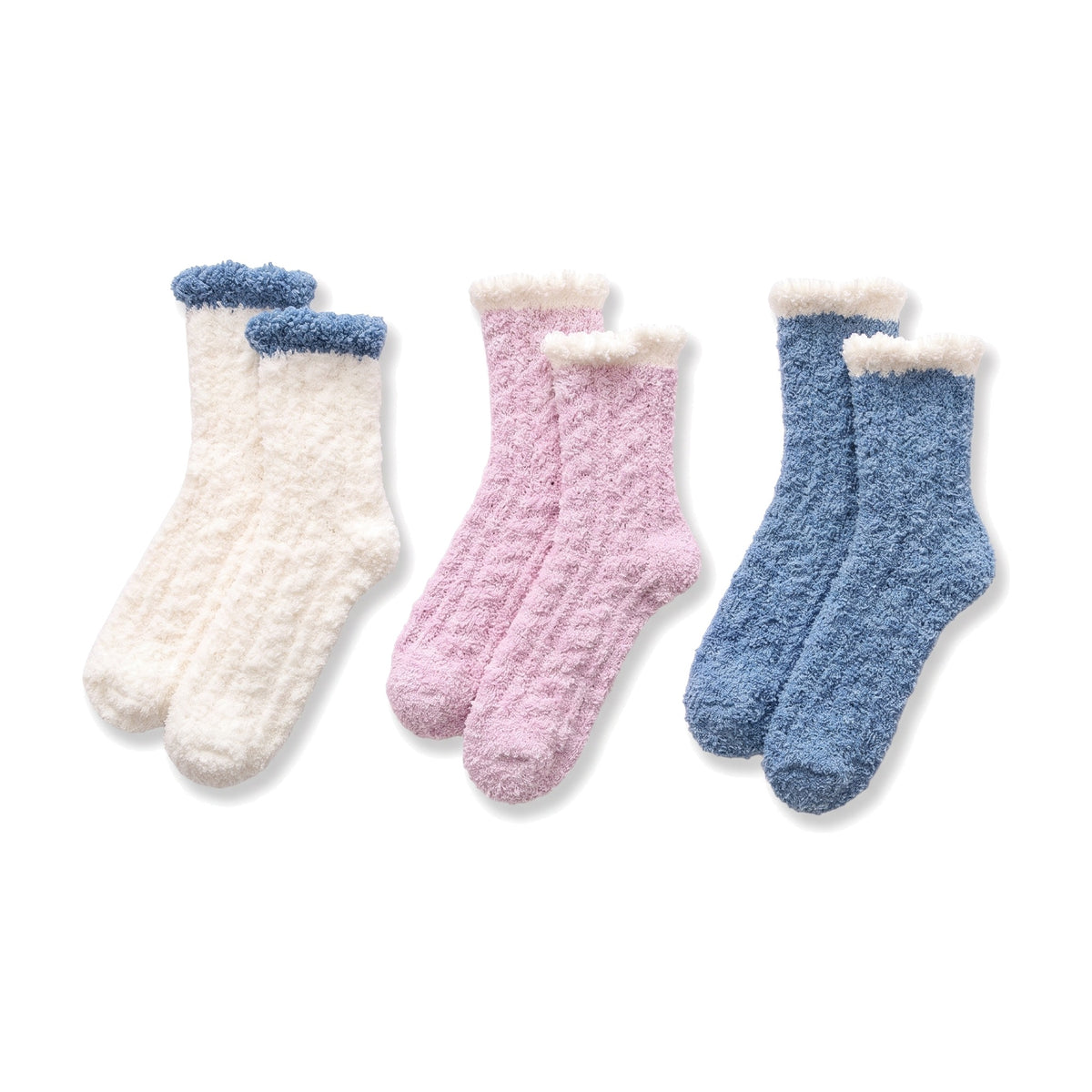 Cream, pink and denim blue fluffy bed socks for women