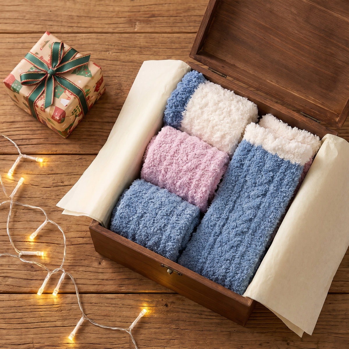 Three pairs of fluffy socks rolled in a gift box for Christmas