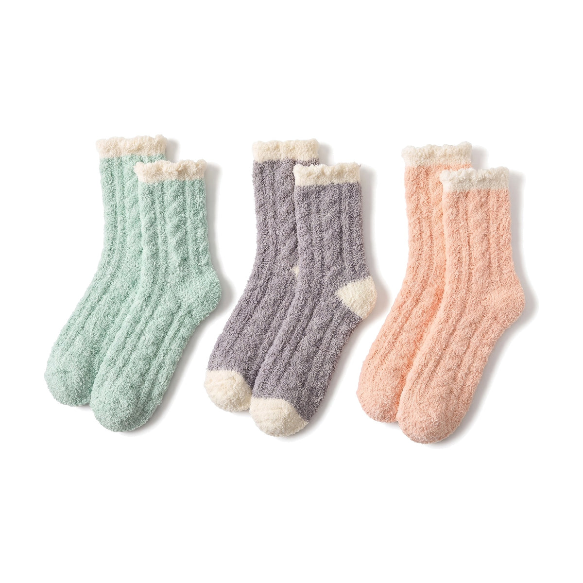 Mint, grey and peach fluffy socks with curly frilled cuffs