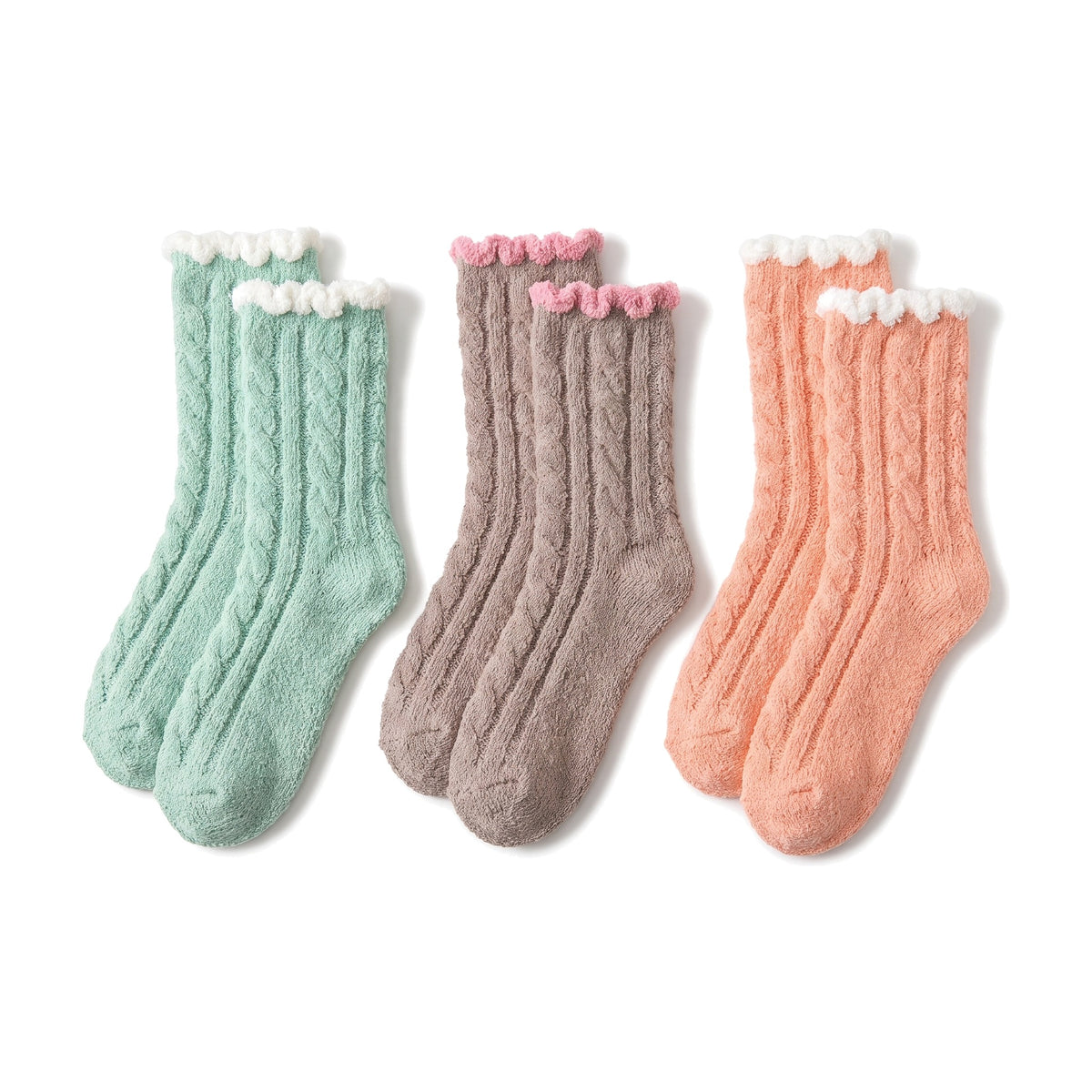 Mint, taupe and peach cosy fluffy socks for women