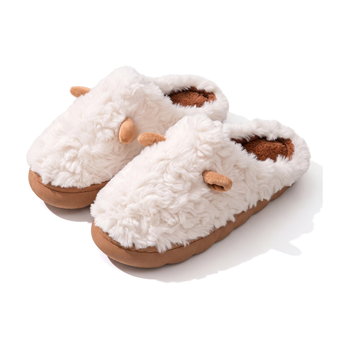 Cream fluffy teddy mule slippers with tan horn ears and brown sole