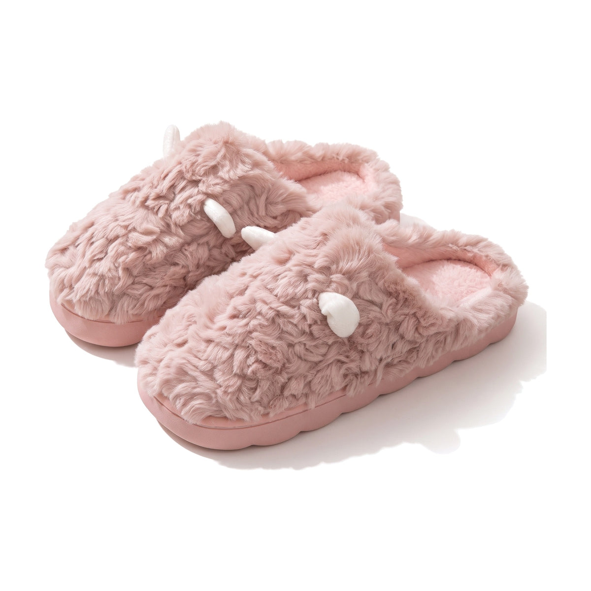 Dusty pink fluffy teddy mule slippers with little cream horn ears