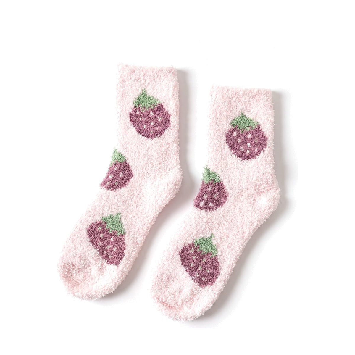 Pale pink fluffy socks with strawberry pattern laid flat
