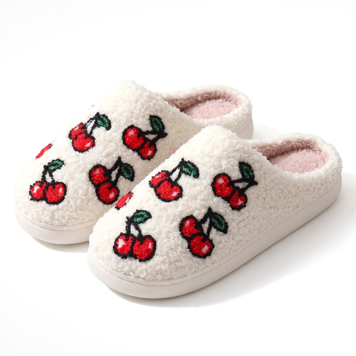 Cream fleece slippers with embroidered red cherries