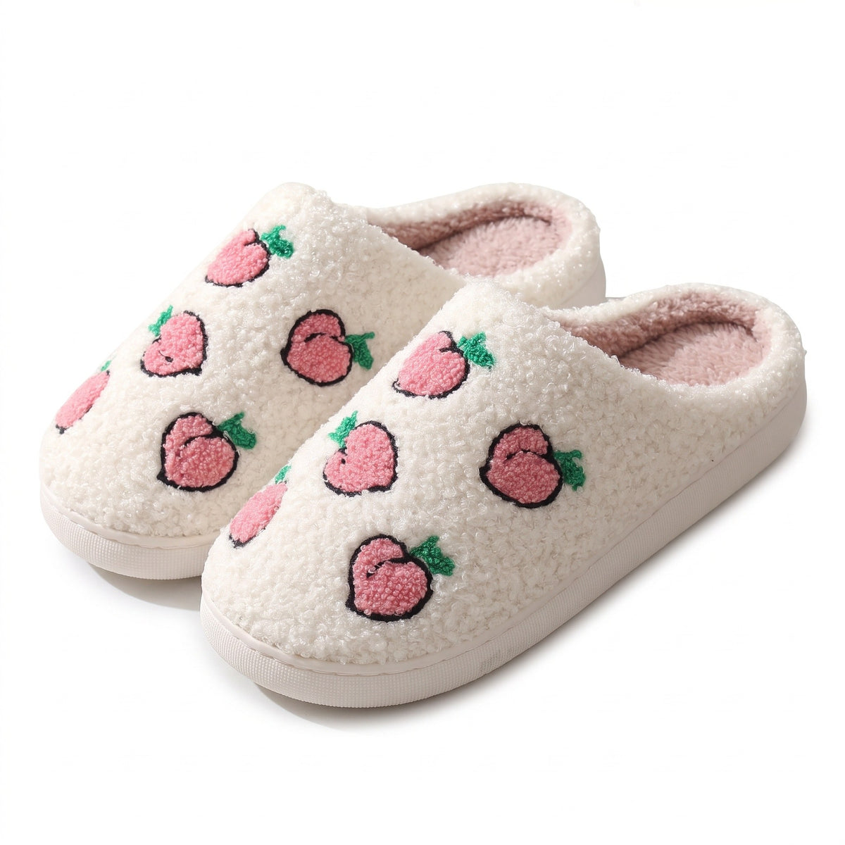 Cream fleece slippers with embroidered pink peaches