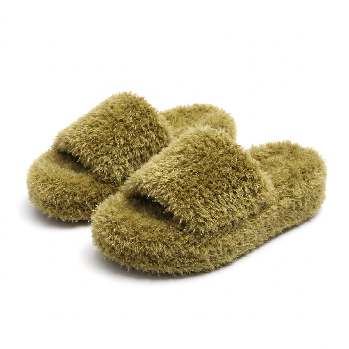 Olive green fuzzy platform slides