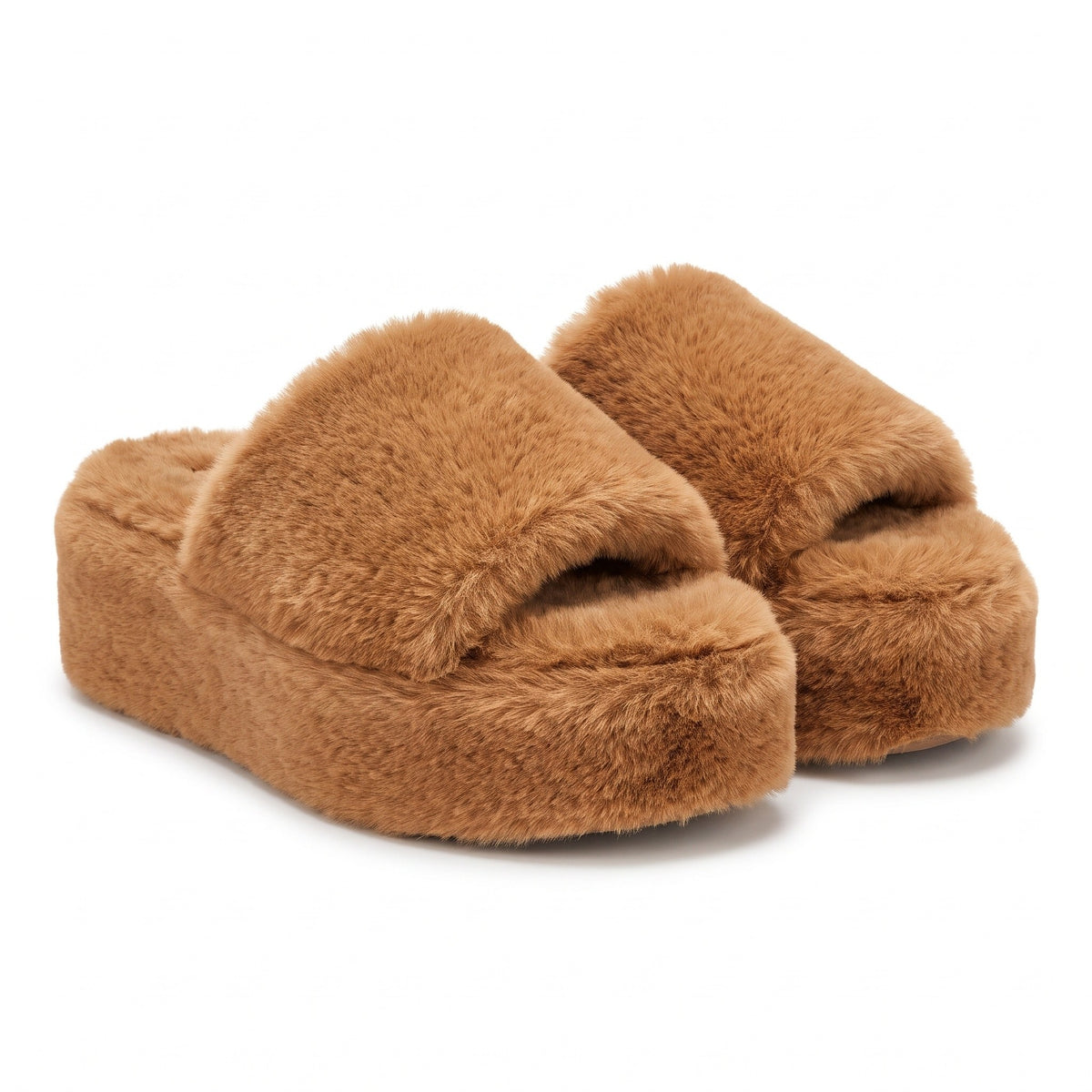 Tan fluffy platform slides with wide faux fur strap