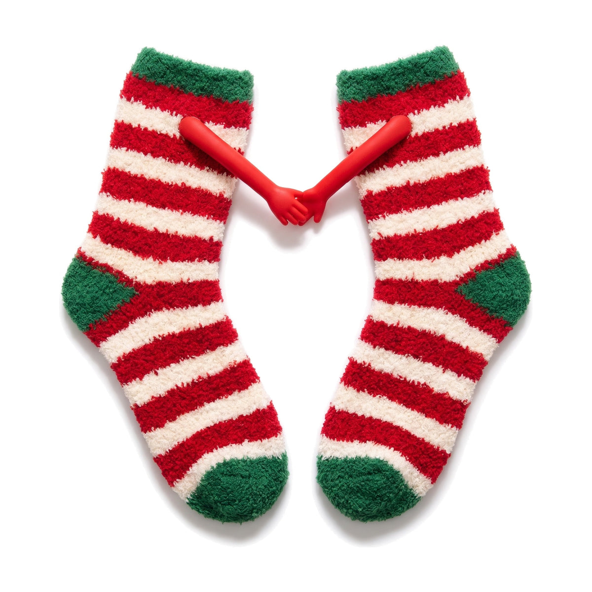 Candy Stripe fluffy hand holding socks laid flat with magnetic hands touching