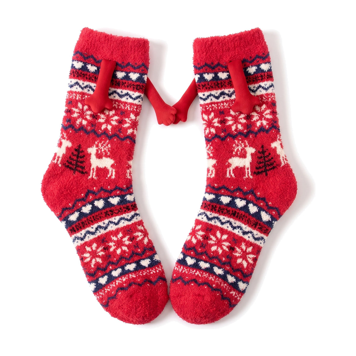 Red Fair Isle fluffy hand holding socks laid flat with magnetic hands touching