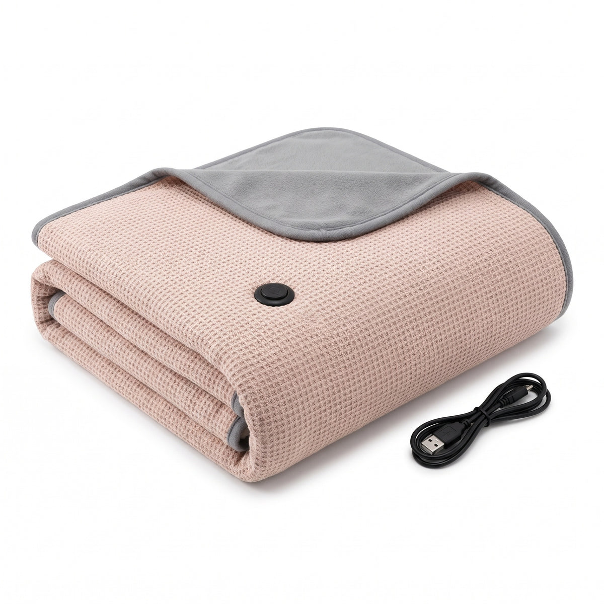 Folded blush beige waffle knit USB heated blanket with grey fleece reverse
