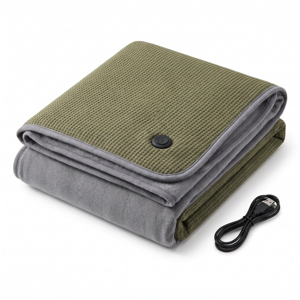 Folded olive green knit heated blanket wrap with heat button and USB cable