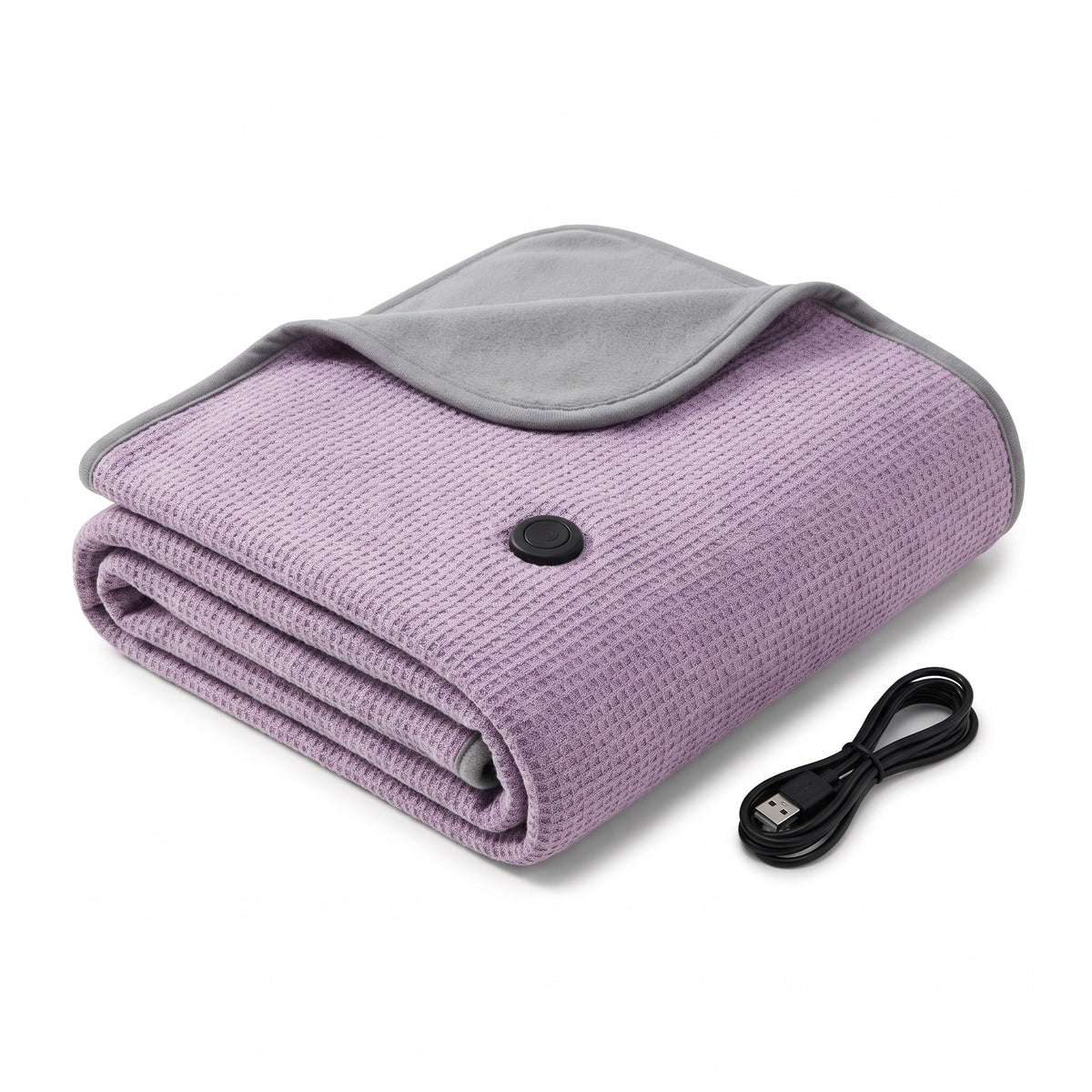 Folded lilac purple knit heated blanket with black heat button