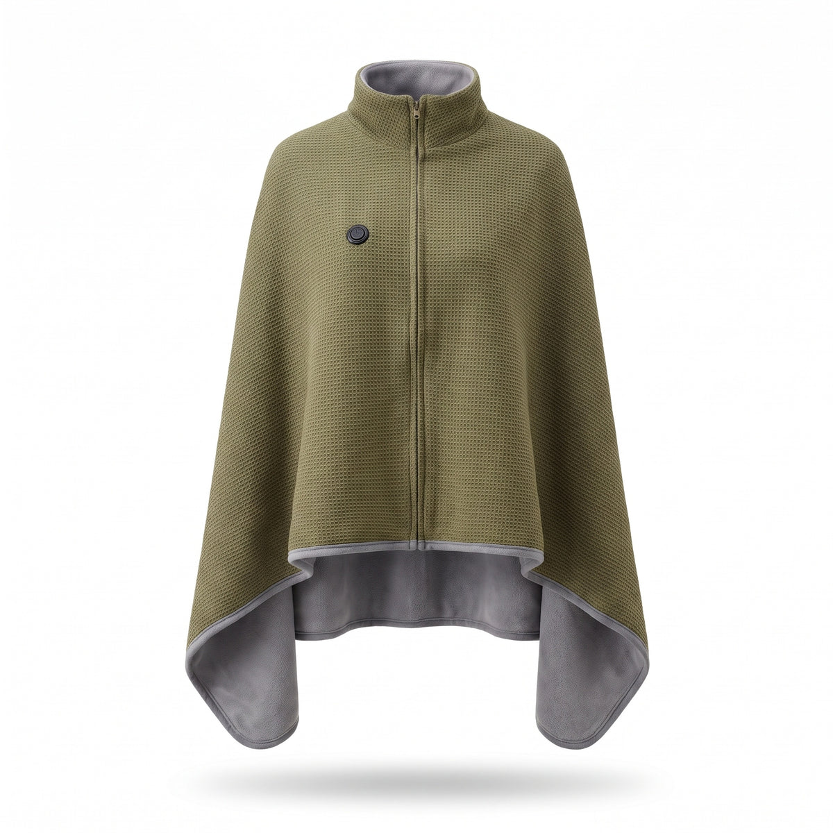 Olive green heated knit blanket zipped up and worn as a cape