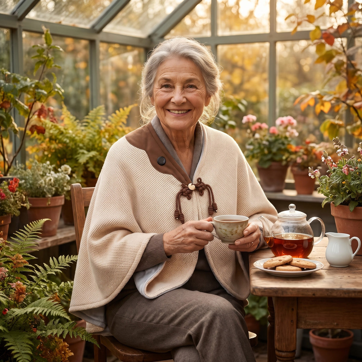Smiling older woman with tea in a conservatory wearing a cream heated knit cape