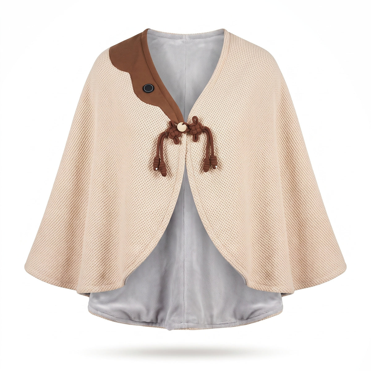 Cream waffle knit USB heated cape with brown trim and frog knot button