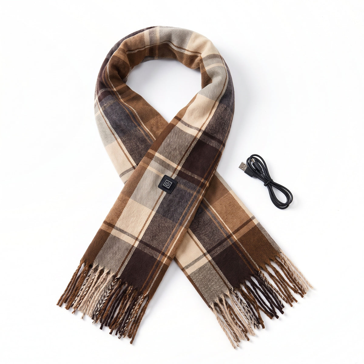 Brown tartan heated scarf with fringed ends and USB cable