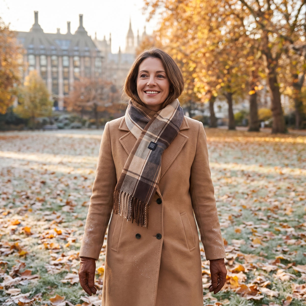 Woman in a camel coat and brown tartan heated scarf walking in an autumn park