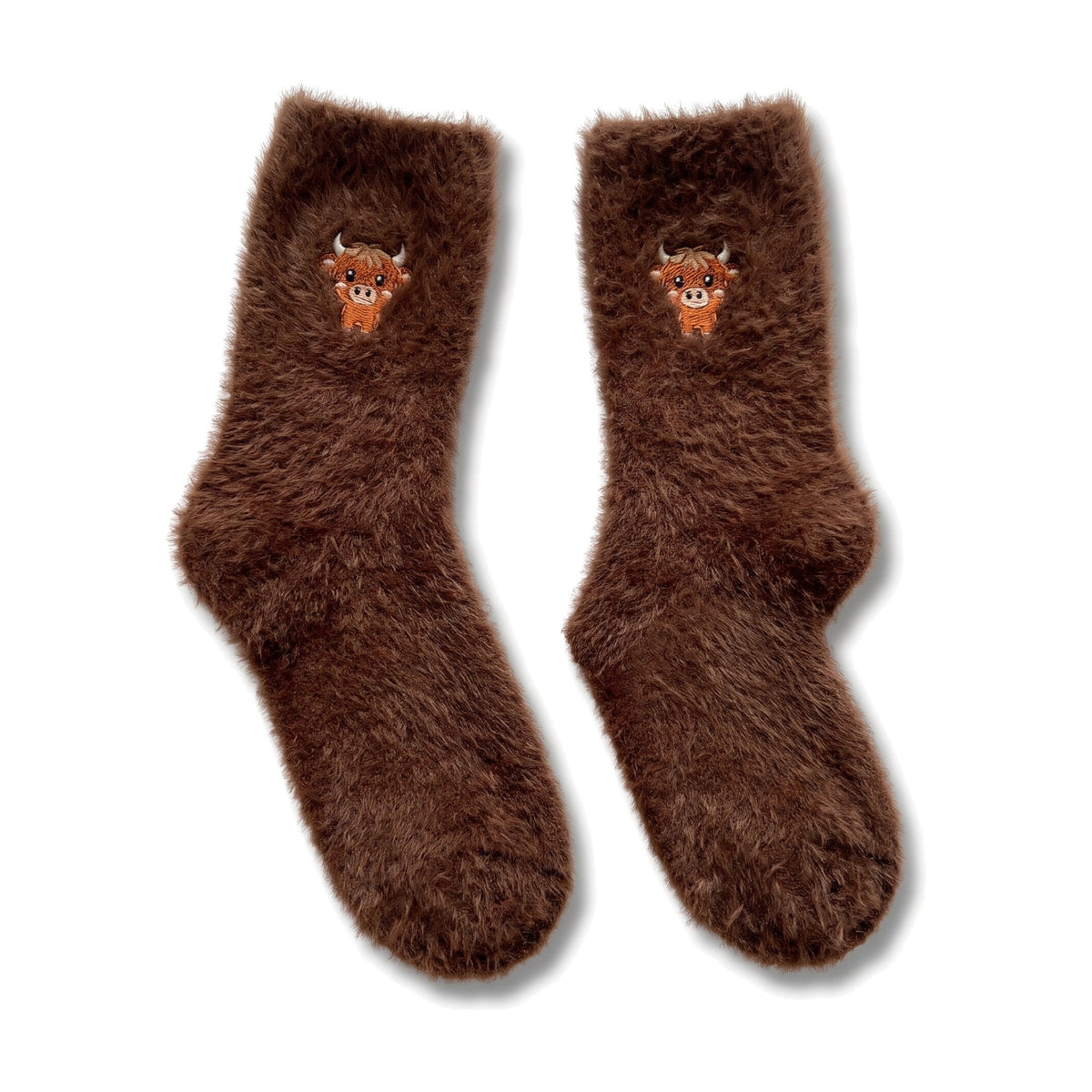 Chocolate brown fluffy socks with Highland cow embroidery