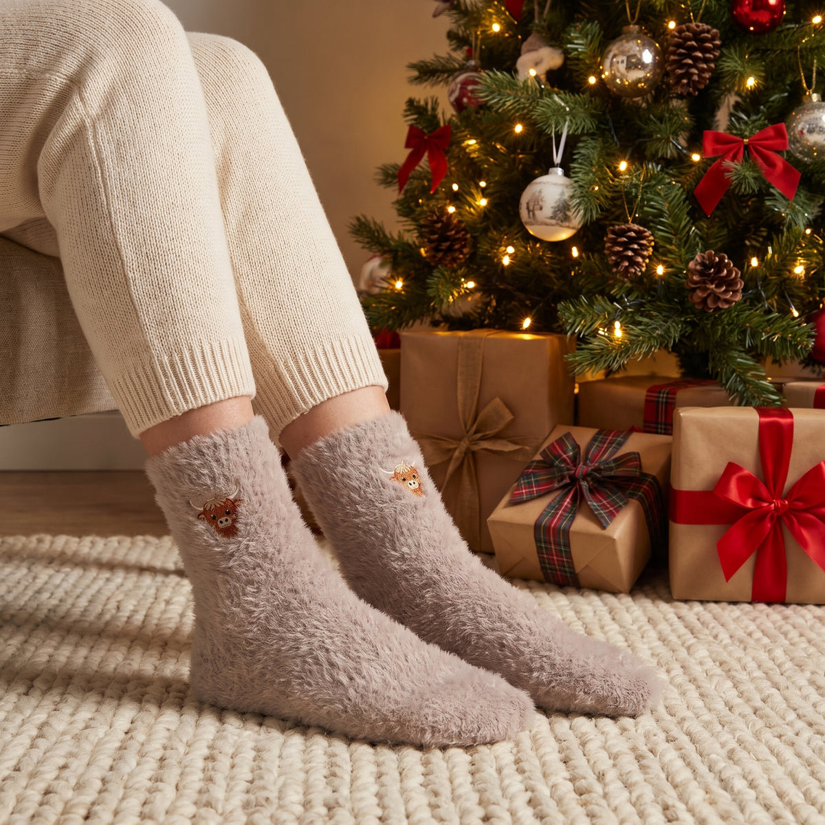 Taupe Highland cow fluffy socks worn by a Christmas tree